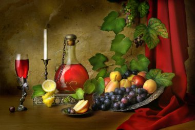 Natürmort meyve boyama şarap klasik Hollanda tarzı renkler