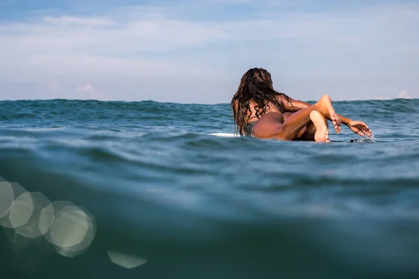 Female surfer on surf board — Stock Photo, Image