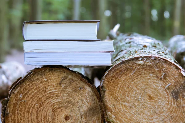 Una pila de libros tumbados en árboles talados, salvar árboles - leer ebook —  Fotos de Stock