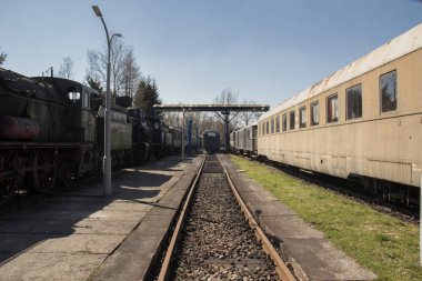 Demiryolu ile birçok eski vintage tren ve vagonlar