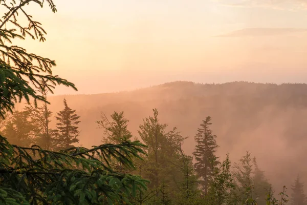 Dağ manzarası gün batımında siste — Stok fotoğraf