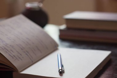 Not Defteri ile el yazısıyla aldığınız notları olan açık mavi kalem, kitap 