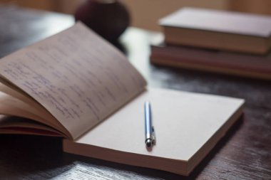 Not Defteri ile el yazısıyla aldığınız notları olan açık mavi kalem, kitap 