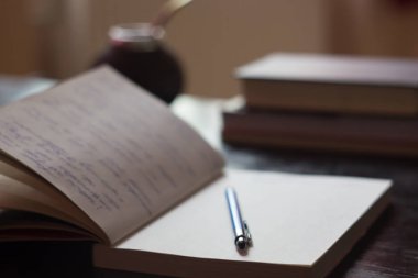Not Defteri ile el yazısıyla aldığınız notları olan açık mavi kalem, kitap 