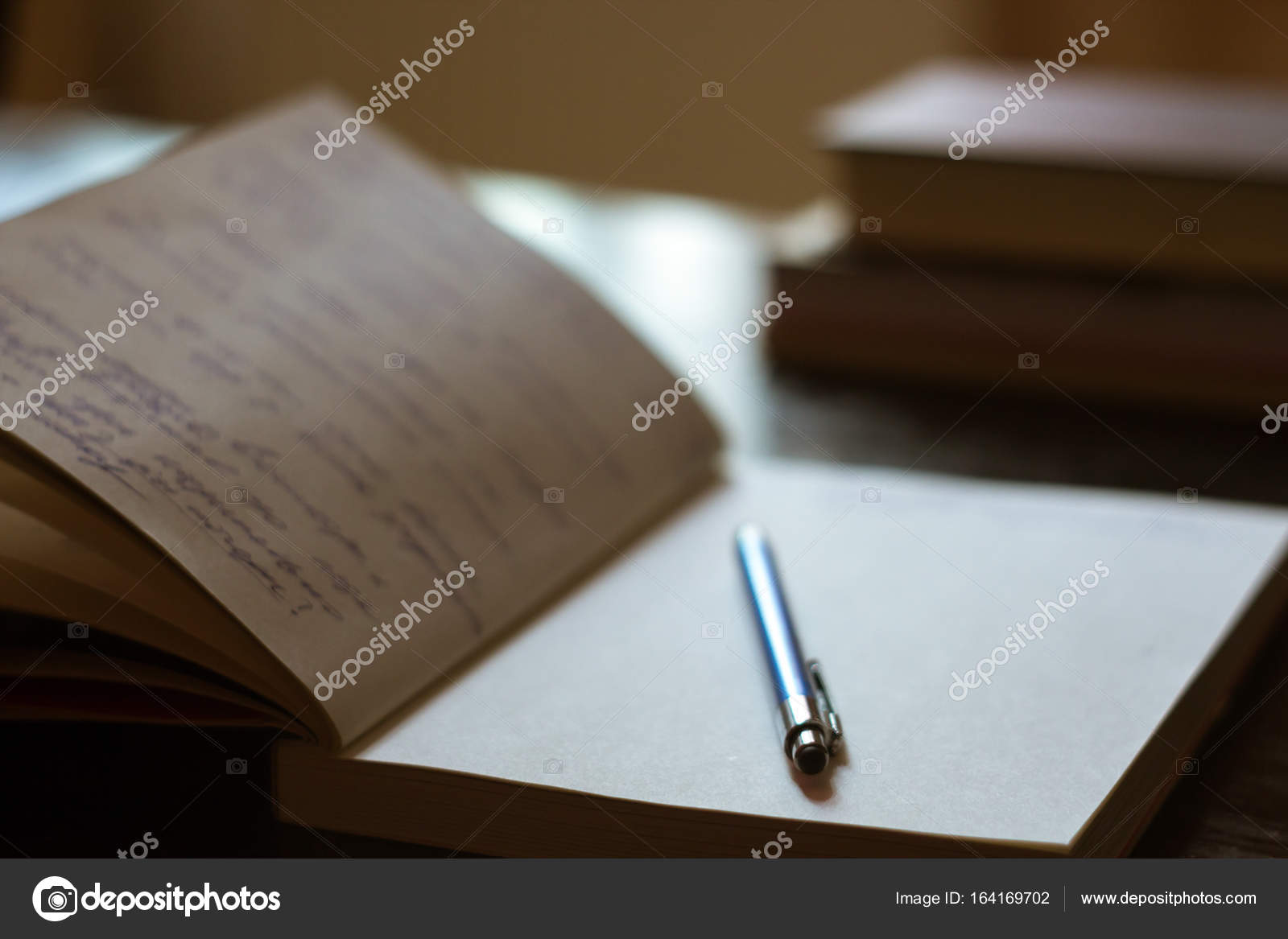 Open Notepad with handwritten notes with blue pen, books in the Stock
