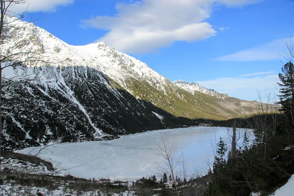 Donmuş gölün etrafı dağlarla çevrili Panoraması. — Stok fotoğraf