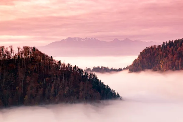 Fantástico paisaje de montaña, surrealista cielo rosa y púrpura, el m — Foto de Stock