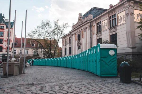 KRAKOW, POLAND, April 21, 2018, Many green biotoilets stand side — Stock Photo, Image