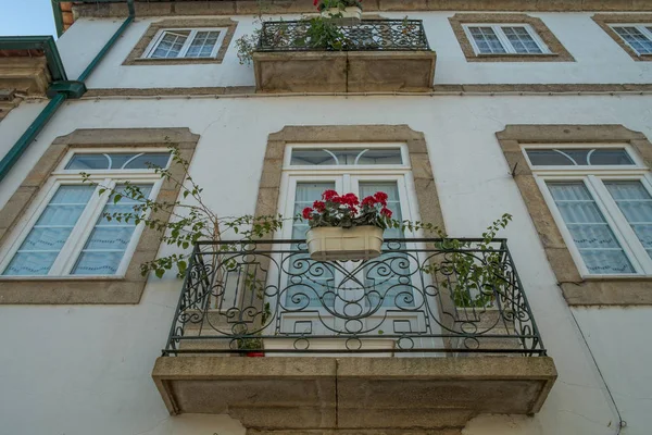 Facade of a typical portuguese building with flowers on window — Stock Photo, Image