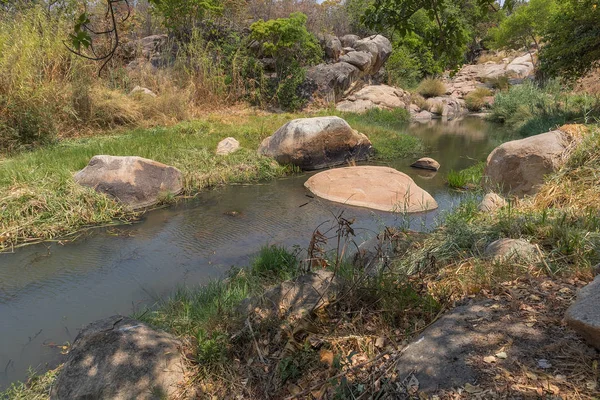 akıcı nehir kayalar ve Afrika'da bitki örtüsü. Lubango. İngiliz