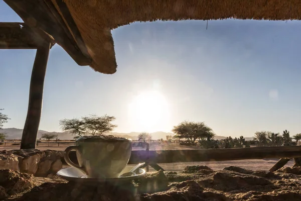 Coupe de cappuccino avec vue sur la savane africaine namibienne. Afrique . — Photo