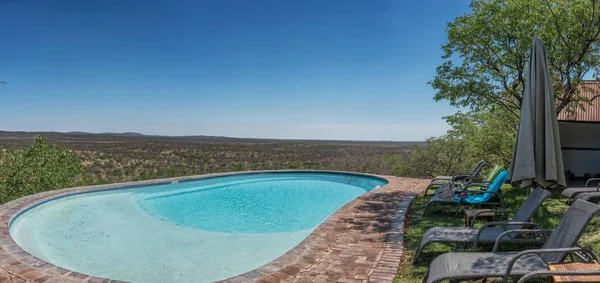 Namibya Afrika savana bakan sandalye ile Havuzu.