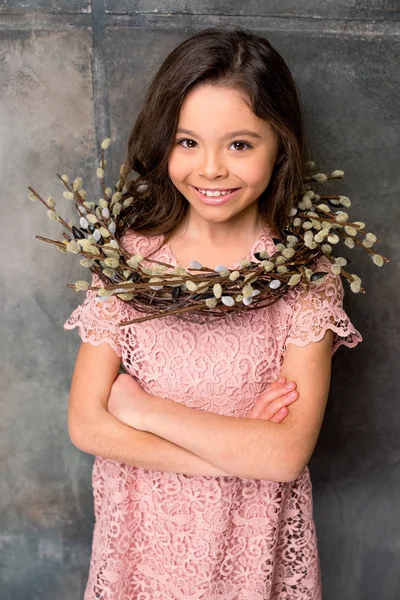 Little girl with catkins wreath — Stock Photo, Image