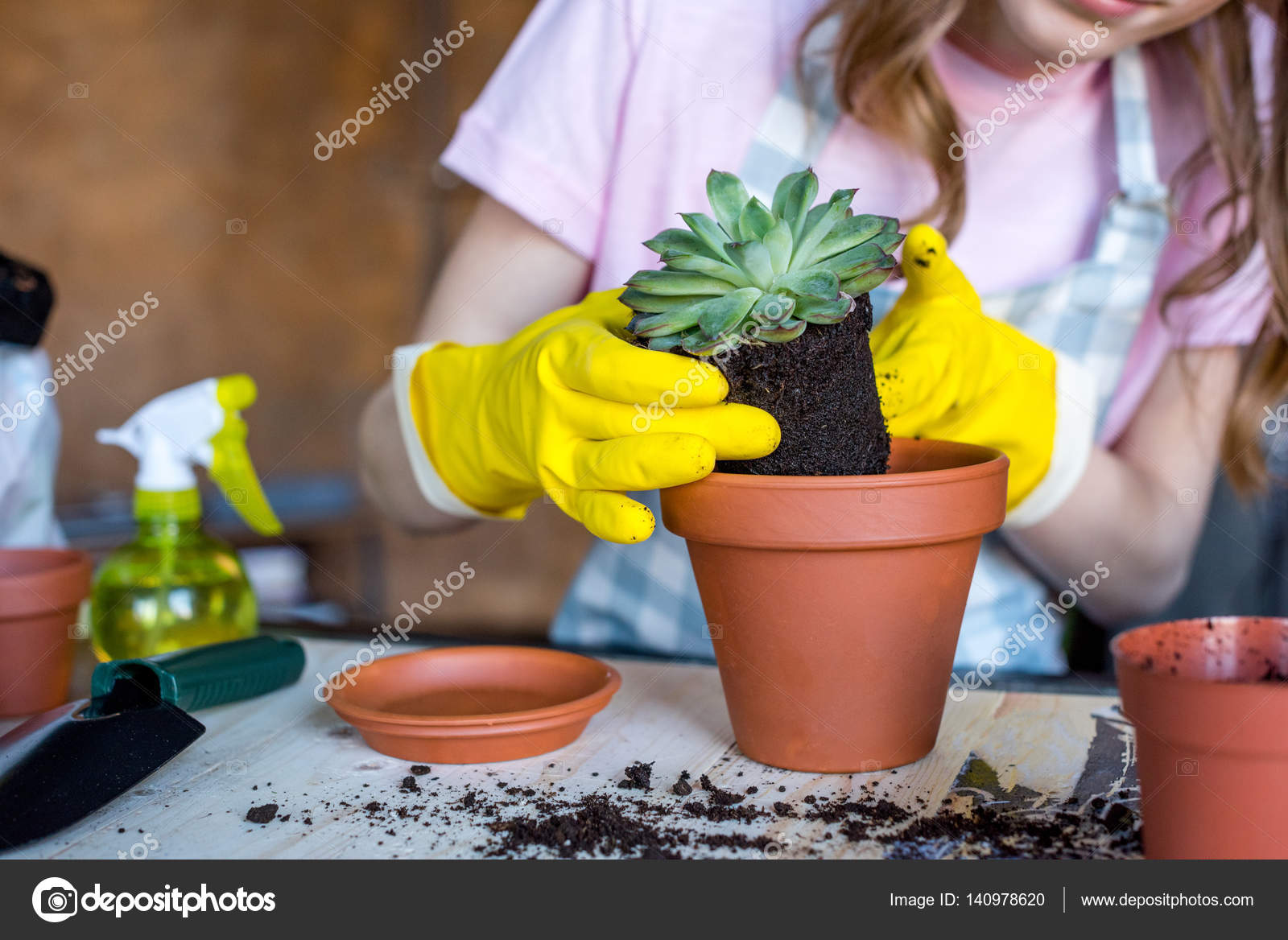 Woman putting plant in flowerpot — Stock Photo © NatashaFedorova 140978620