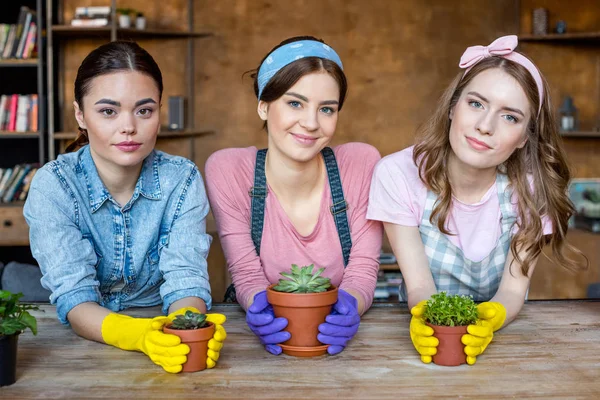 Donne con piante in vasi da fiori — Foto Stock