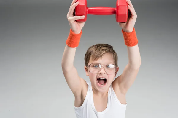 Active boy with dumbbell — Stock Photo, Image