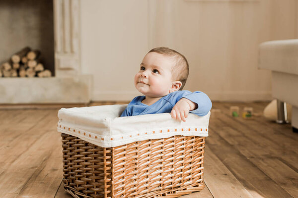 Мальчик сидит в плетеной коробке

