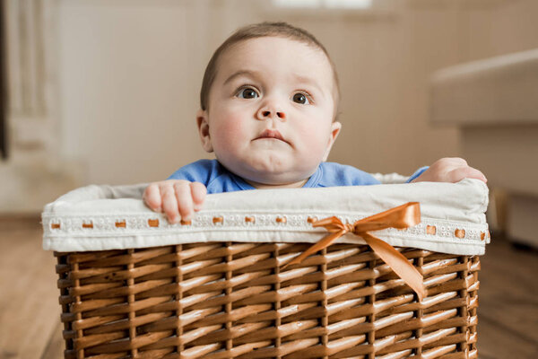 Baby boy sitting in braided box