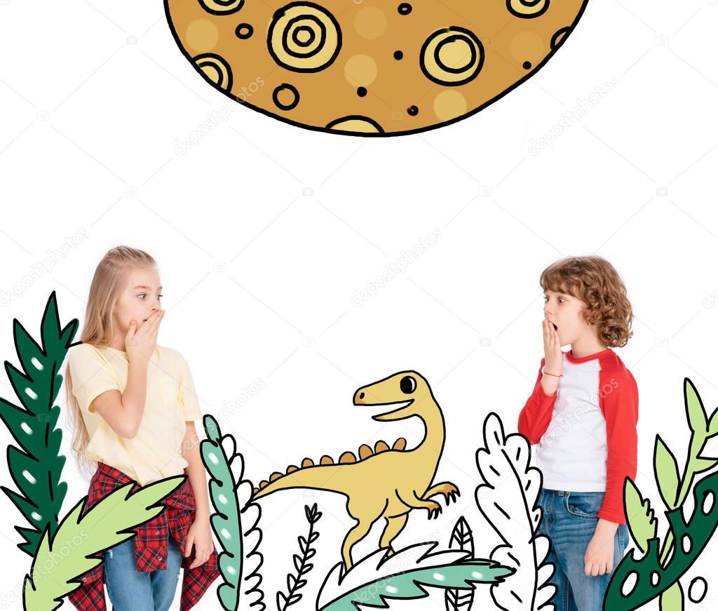 boy and girl scared by dinosaur