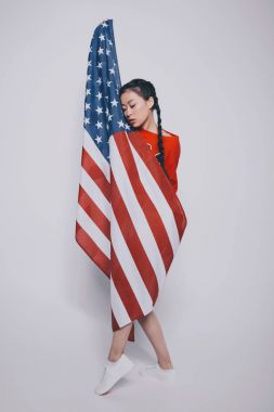 asian girl with american flag   clipart