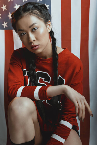 asian girl with american flag 