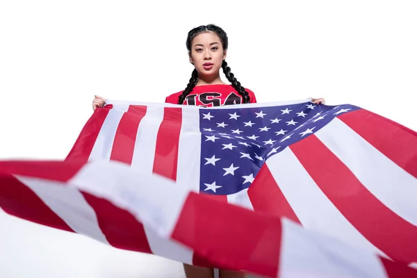 Asijská dívka s americkou vlajkou — Stock fotografie zdarma