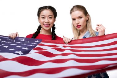 multiethnic women holding flag of USA clipart