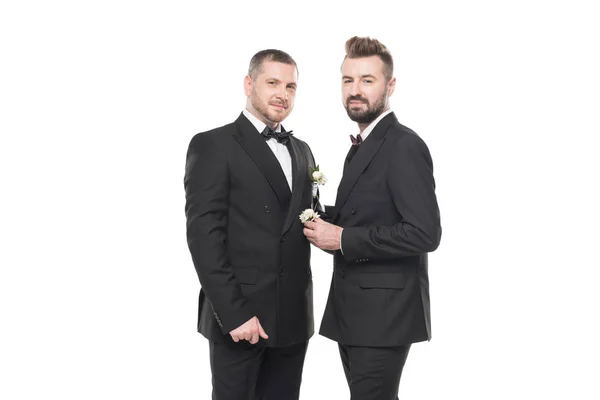 Homosexual couple of grooms in suits — Stock Photo, Image