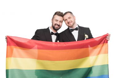 homosexual couple holding lgbt flag clipart