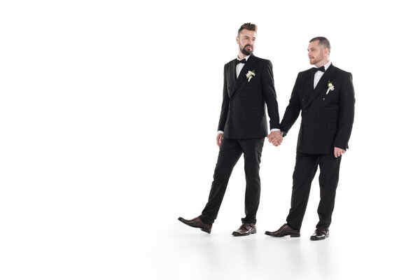 Couple of grooms holding hands during walk