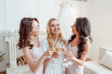 bride with bridesmaids toasting with champagne clipart