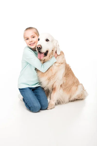 Bedårende barn med hund - Stock-foto