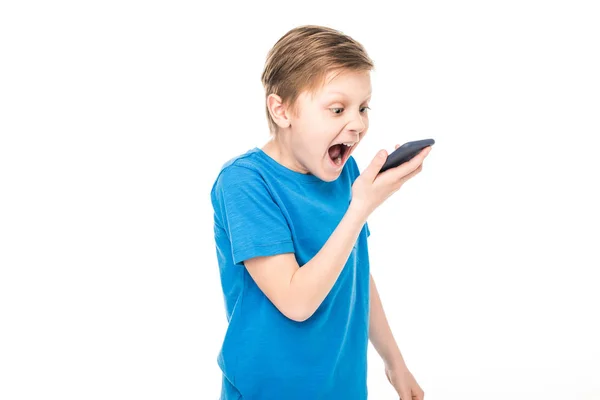 Boy screaming at smartphone — Stock Photo, Image