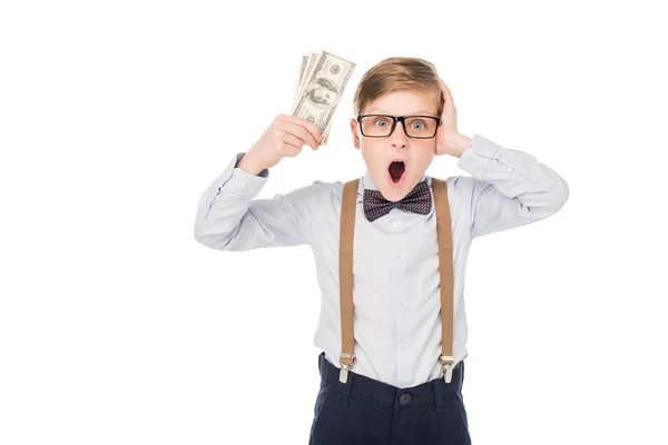 Little boy with dollar banknotes — Stock Photo, Image