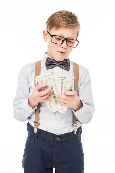 Niño pequeño con billetes de dólar — Foto de Stock