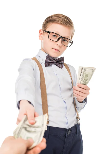 Liten pojke med dollar sedlar — Stockfoto
