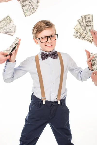 Niño pequeño con billetes de dólar — Foto de Stock