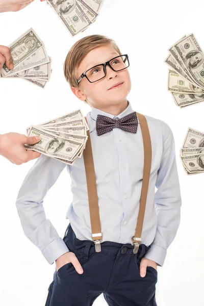 Niño pequeño con billetes de dólar — Foto de Stock