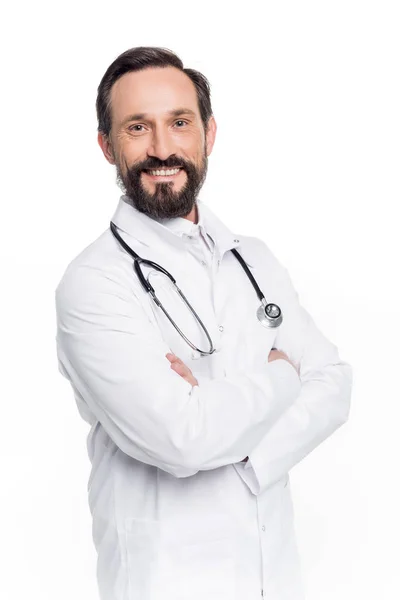 Orta yaşlı doktor stetoskop ile — Stok fotoğraf