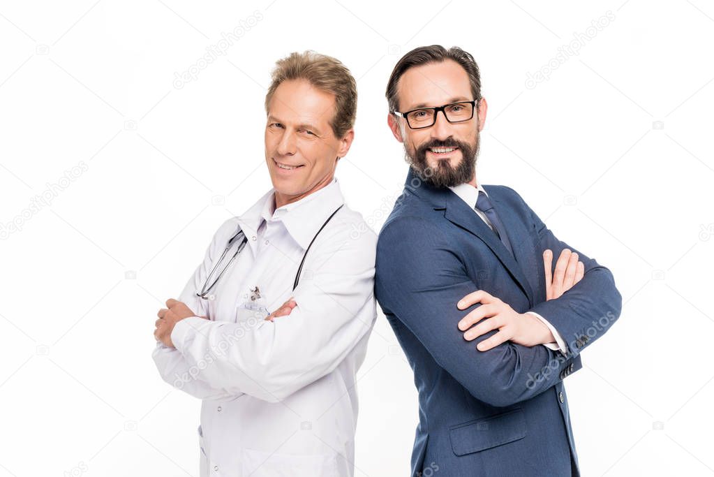 smiling businessman and doctor