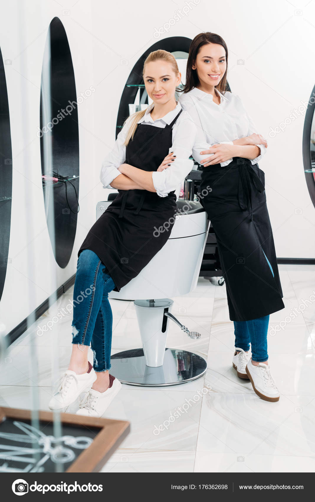Two Hairdressers Leaning Hairdresser Chair Salon Stock Photo