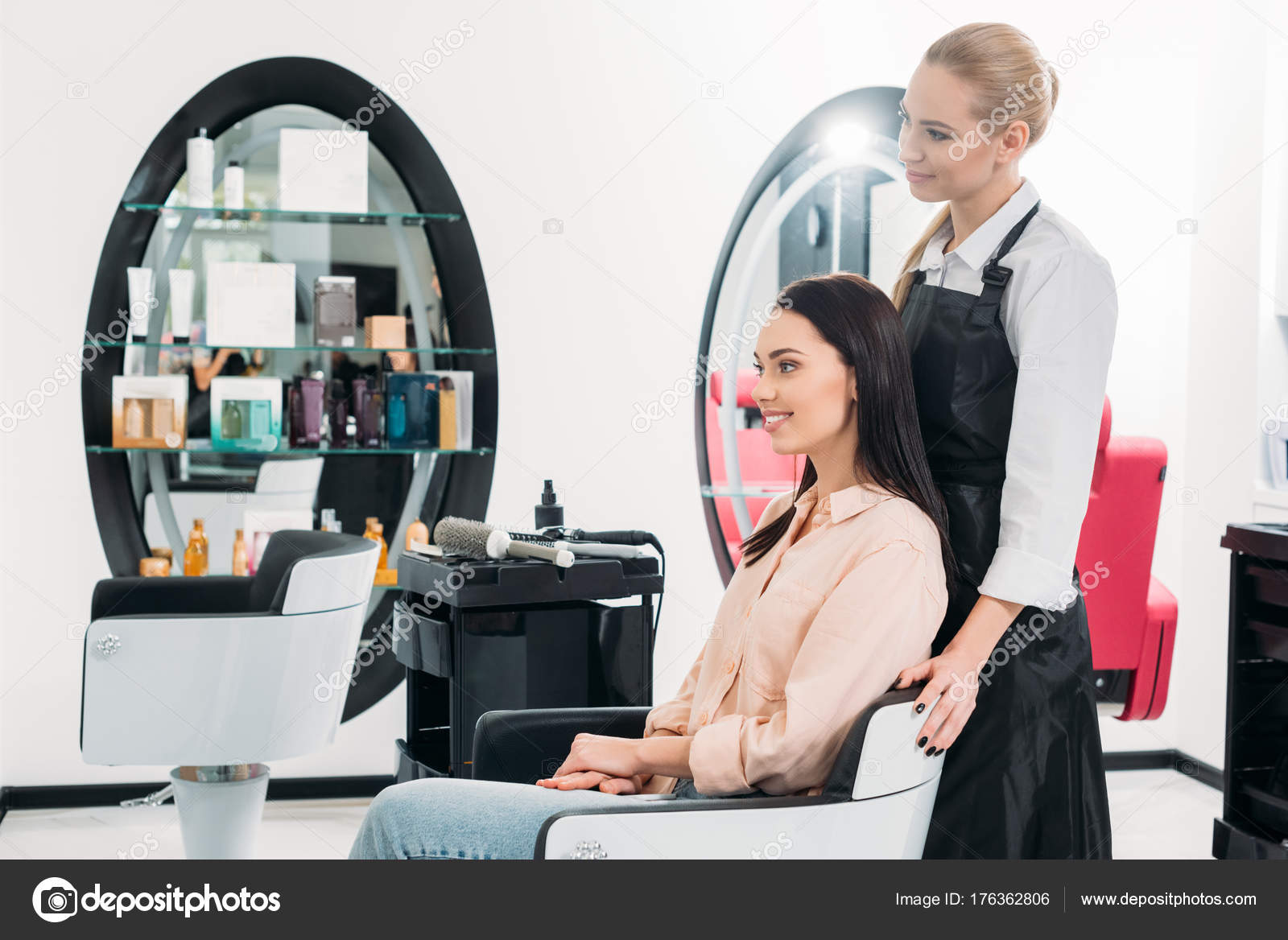 Happy Hairdresser Customer Looking New Hairstyle Stock Photo