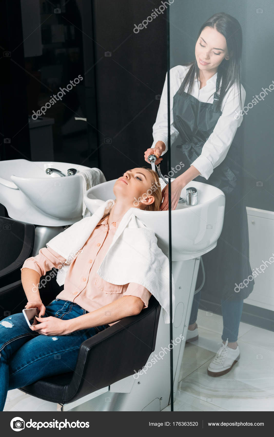 Hairdresser Apron Washing Customer Hair Stock Photo