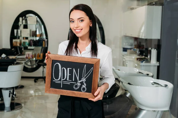 Smiling Brunette Owner Salon Standing Sign Open — Stock Photo, Image