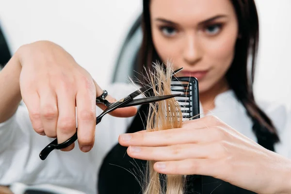 Cropped Image Hairdresser Trimming Ends Hair — Stock Photo, Image