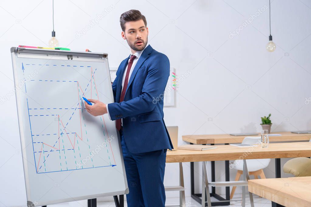 businessman presenting diagram chart at meeting and looking away