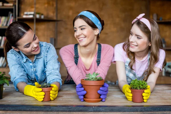 Women with plants in flowerpots — Stock Photo