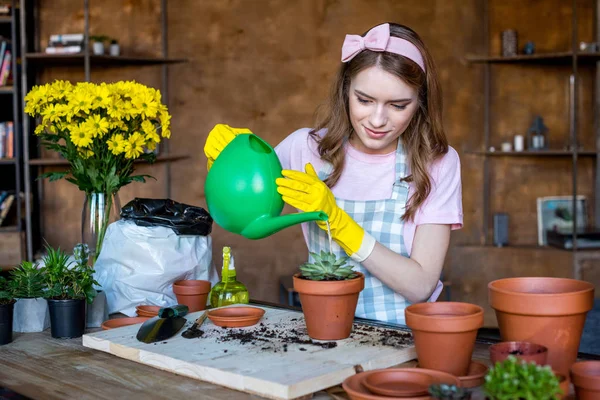 Frau gießt Pflanze — Stockfoto