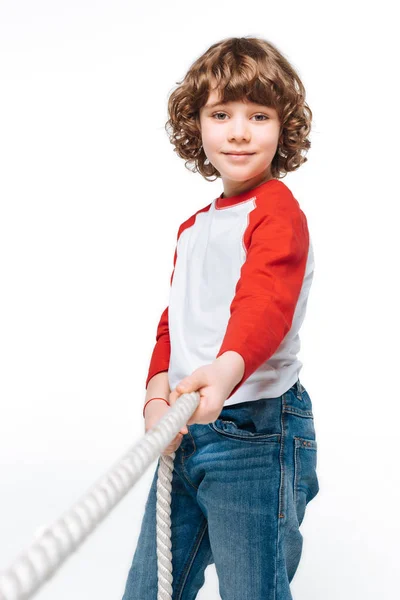 Cute boy play tug of war — Stock Photo