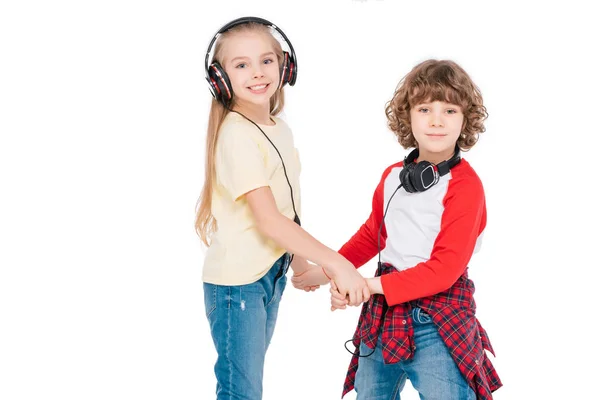 Kids in headphone listening music — Stock Photo